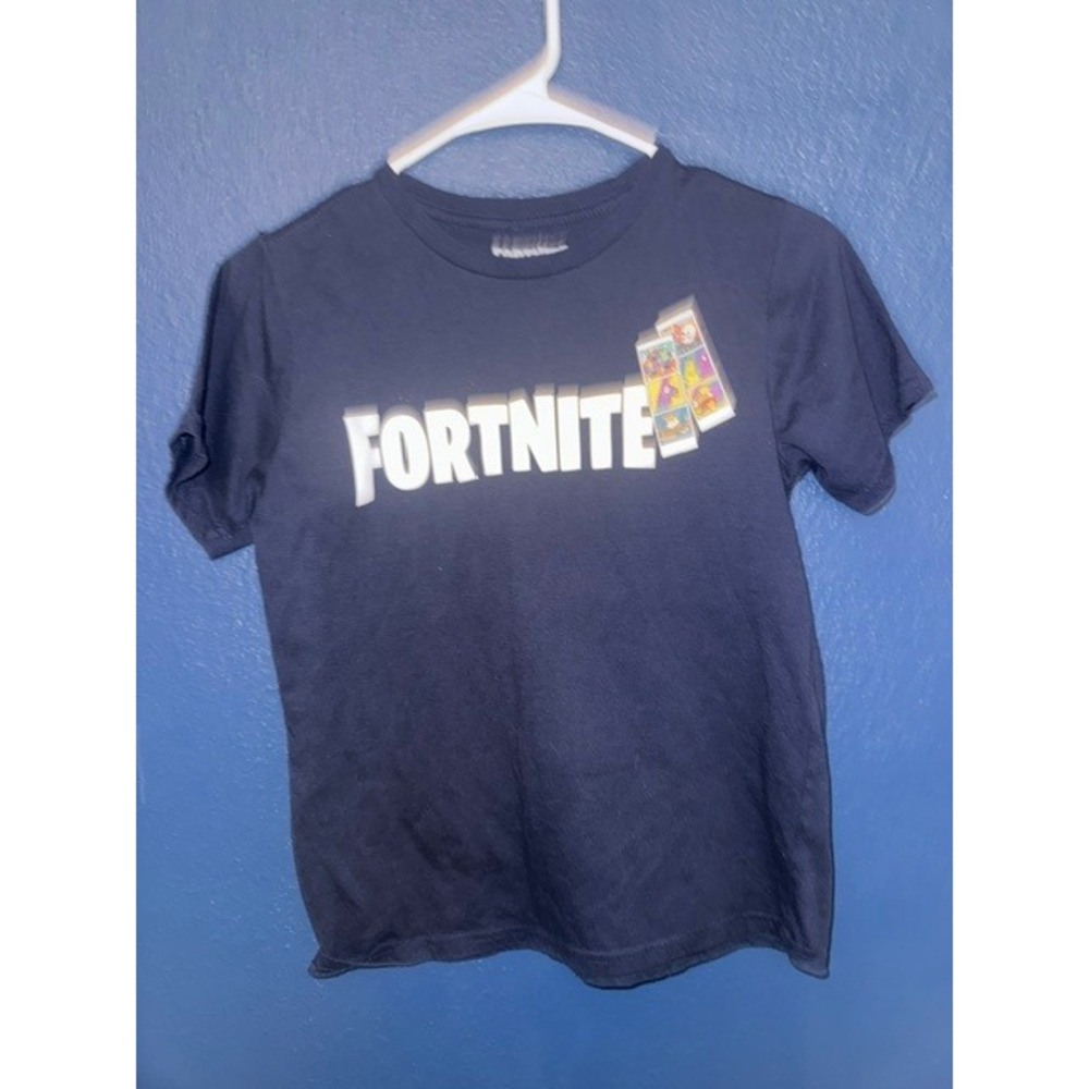 Fortnite Boys Graphic T-Shirt Navy Blue Logo Character Collage Kids Large (B)